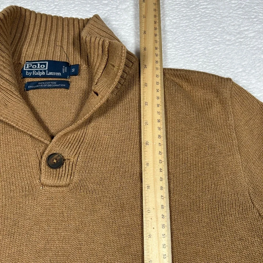 Polo Ralph Lauren Button Mock Neck Sweater Mens S Tan Brown Cotton Pullover Logo
